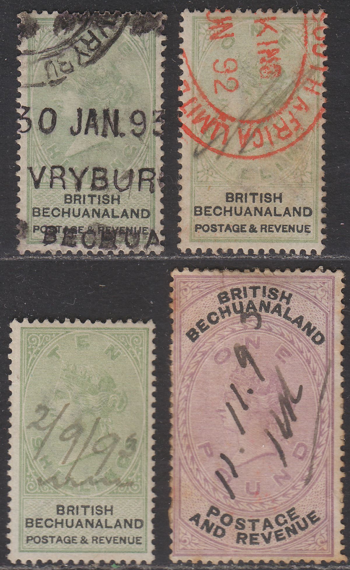 British Bechuanaland 1888 QV 1sh x 2, 10sh, £1 Fiscally Used SG15 SG19 SG20 