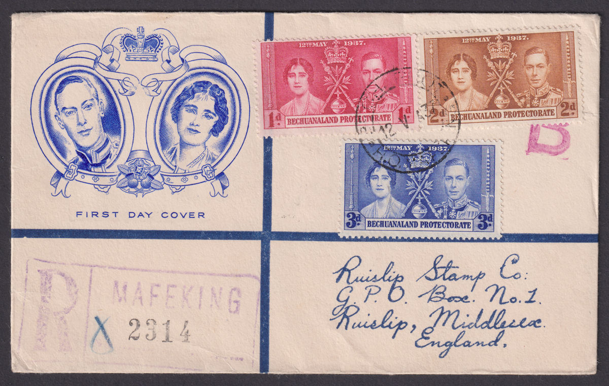 Bechuanaland 1937 KGVI Coronation Set Used Commem Regd First Day Cover MAFEKING