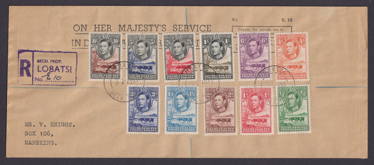 Bechuanaland 1955 KGVI Baobab Tree Full Set Used on Registered Cover LOBATSI Pmk
