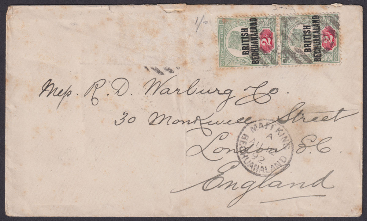 British Bechuanaland 1892 QV Overprint 2d x2 Used on Cover to UK w MAFEKING Pmk