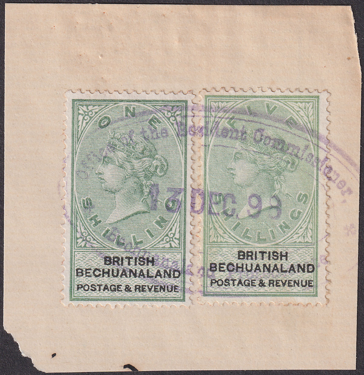 British Bechuanaland 1888 QV 5sh, 1sh Fiscally Used on Piece SG15 SG18 Revenue