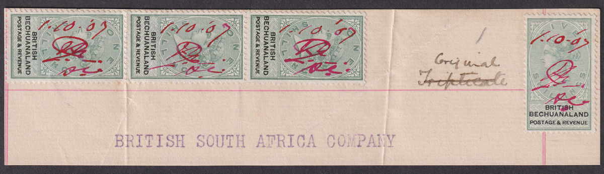 British Bechuanaland 1888 QV 5sh, 1sh x3 Fiscally Used Piece SG15 SG18 Revenue