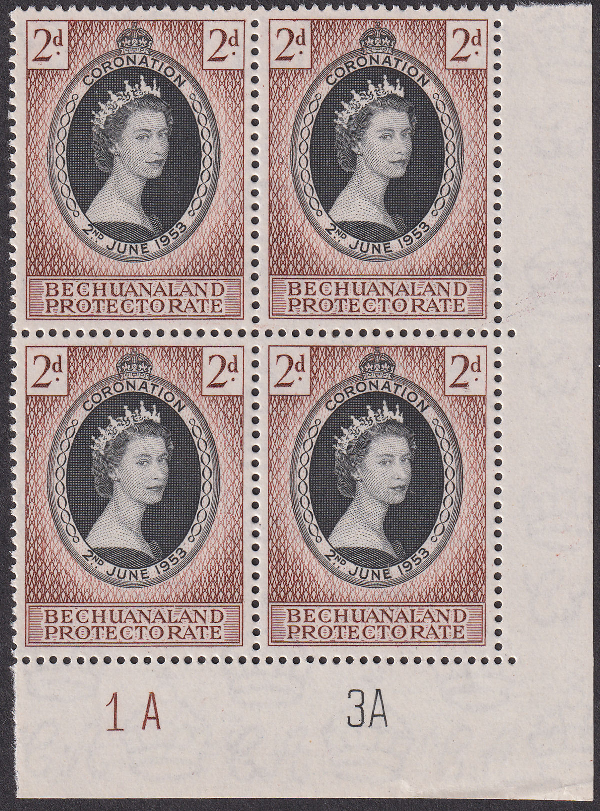 Bechuanaland Protectorate 1953 QEII Coronation 2d Block 4 Mint Plate 1A 3A SG142