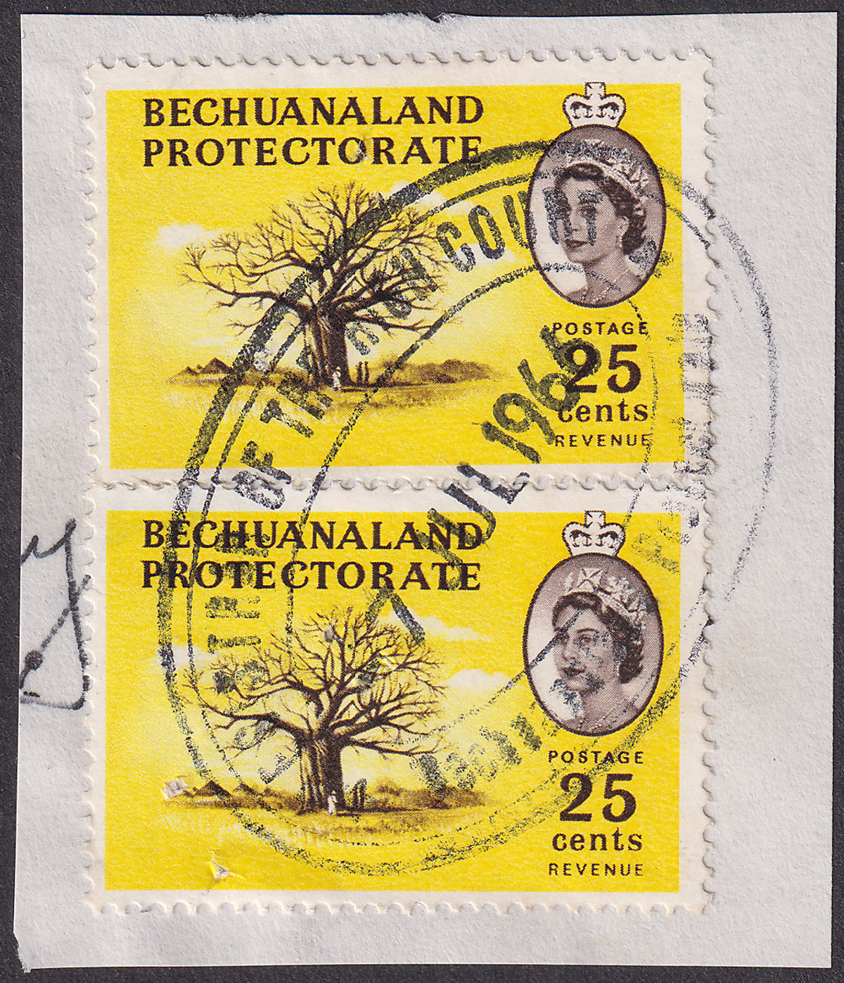 Bechuanaland Protectorate 1961 QEII 25c x2 Fiscally Used Piece SG177 High Court