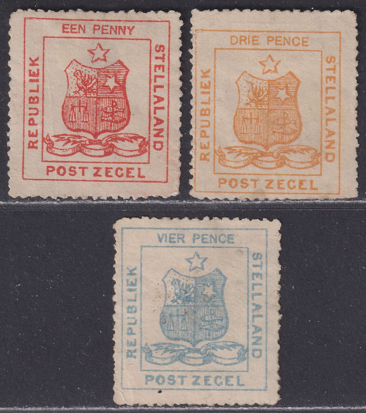 Stellaland 1884 QV 1d Red, 3d Orange + 4d in very odd Blue colour Unused SG1-3