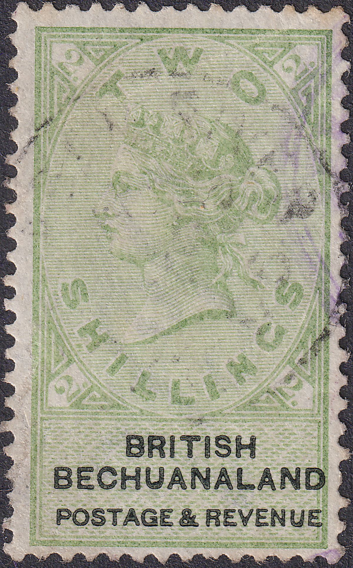 British Bechuanaland 1888 QV 2sh Green and Black Used SG16 cat £65 crease