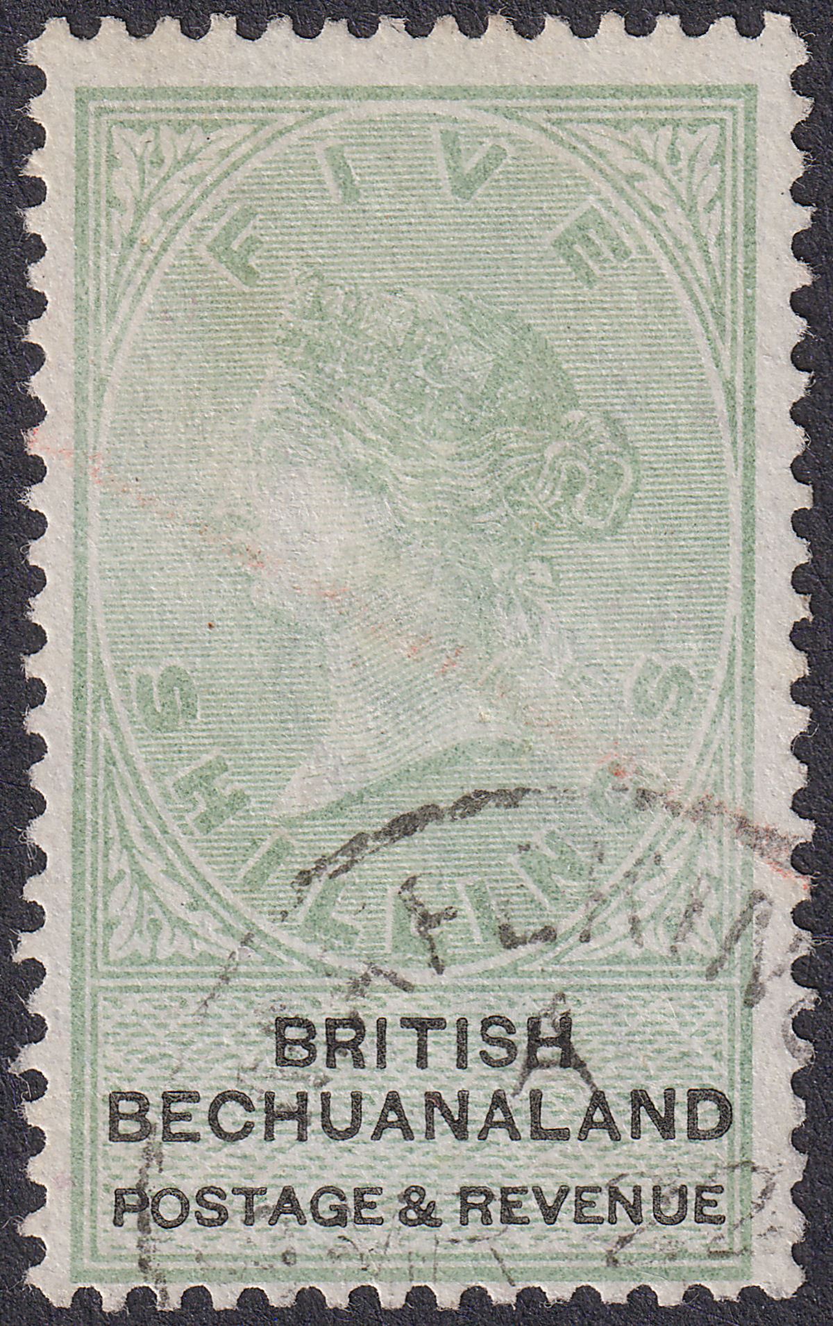 British Bechuanaland 1888 QV 5sh Green and Black Used SG18 cat £200 FAULTY