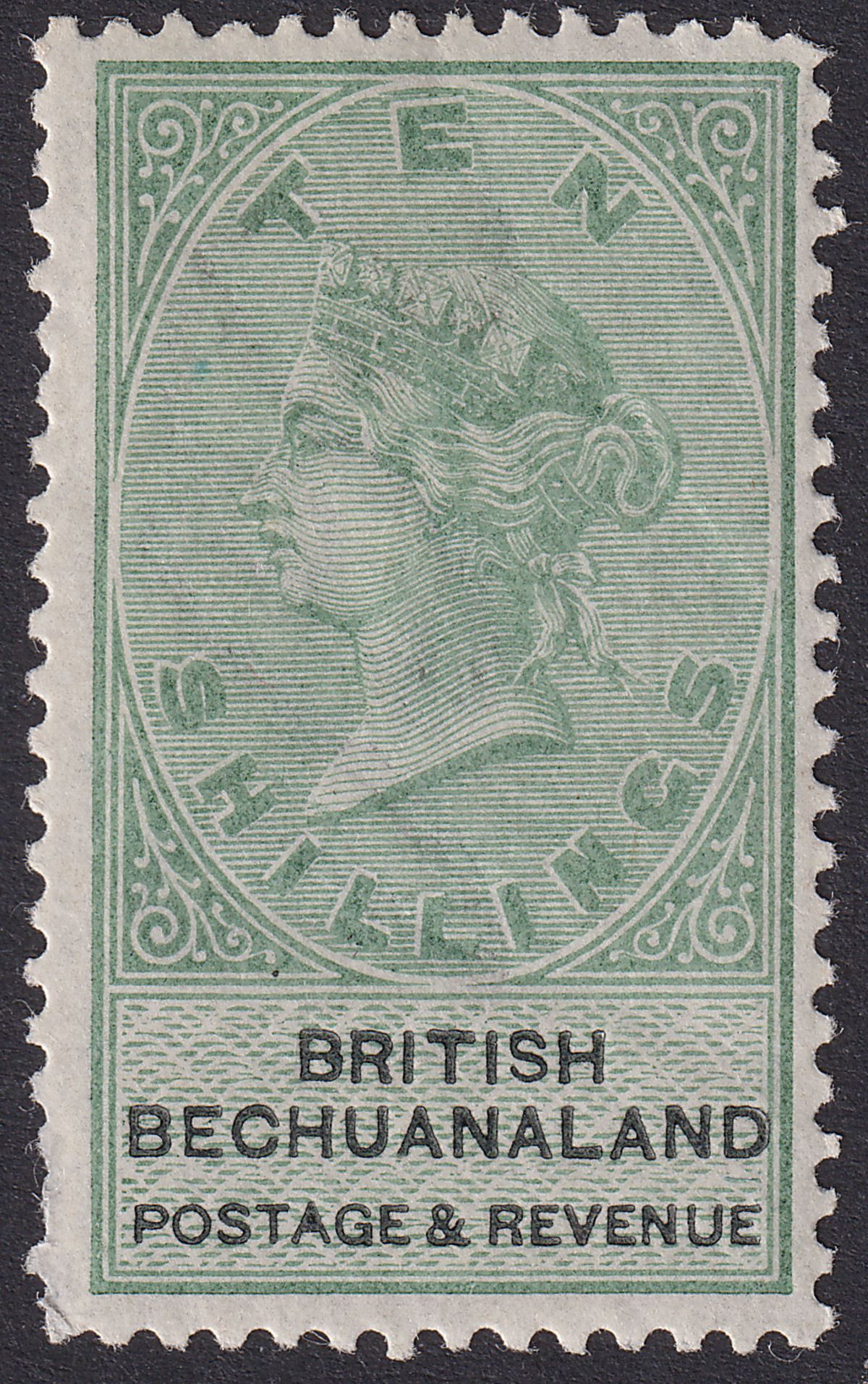British Bechuanaland 1888 QV 10sh Green and Black Mint SG19 cat £275 DAMAGED