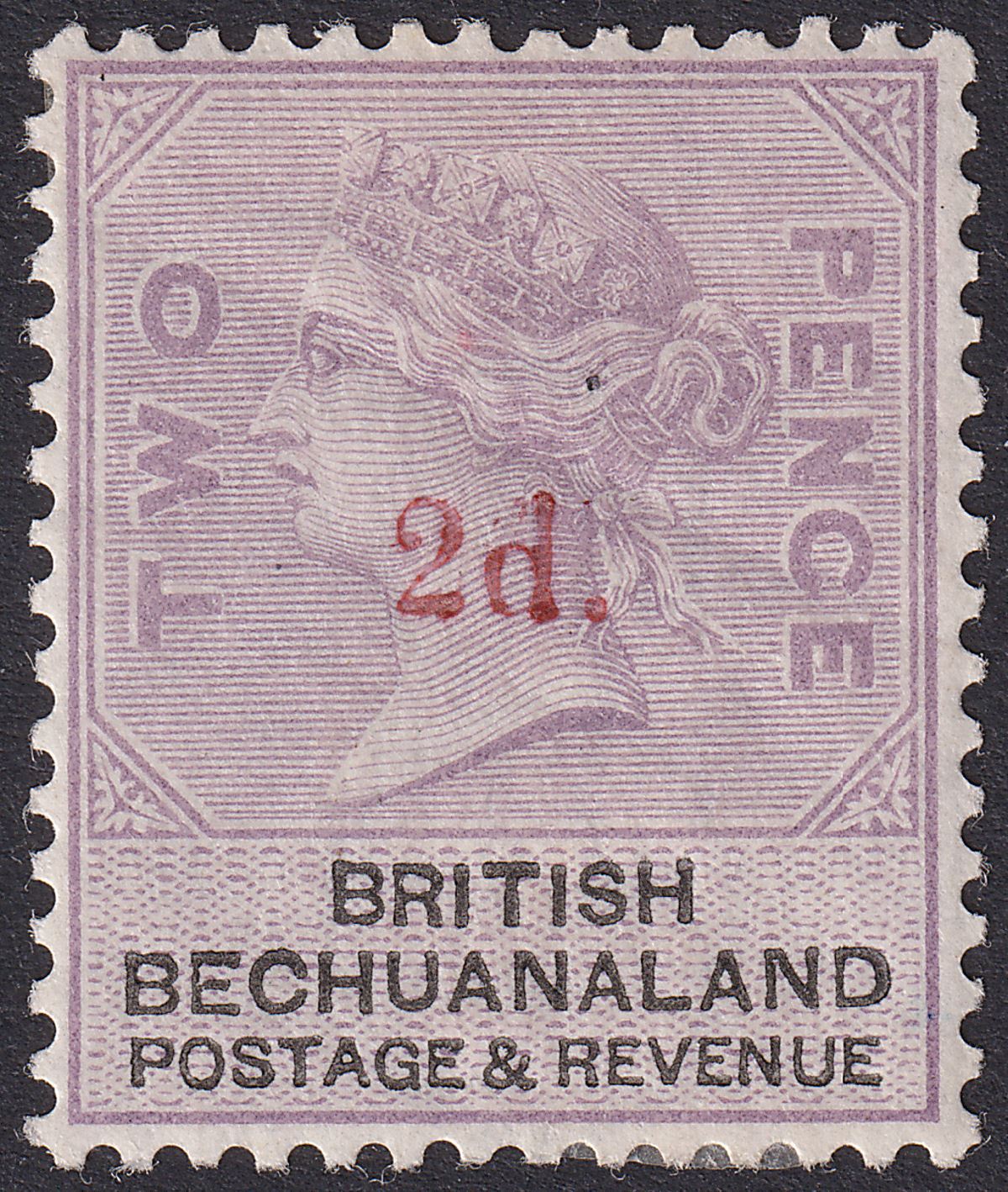 British Bechuanaland 1888 QV 2d on 2d Lilac and Black Mint SG23 cat £65 crease