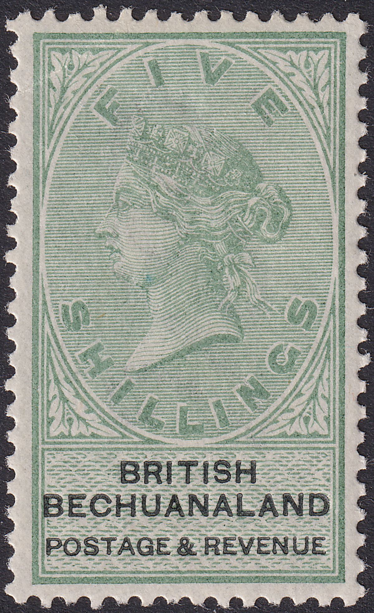 British Bechuanaland 1888 QV 5sh Green and Black Mint SG18 cat £150 crease