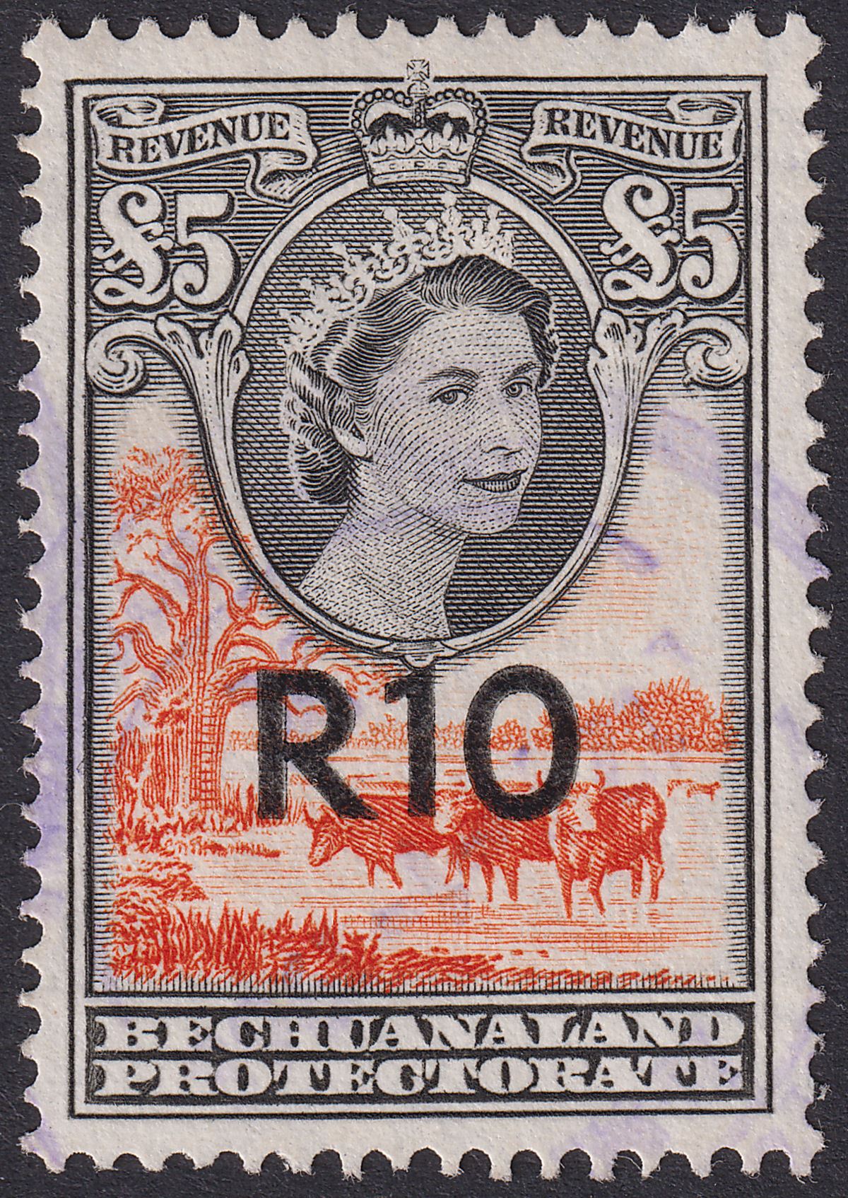 Bechuanaland Protectorate 1961 QEII Revenue R10 on £5 Black + Orange Used BF71