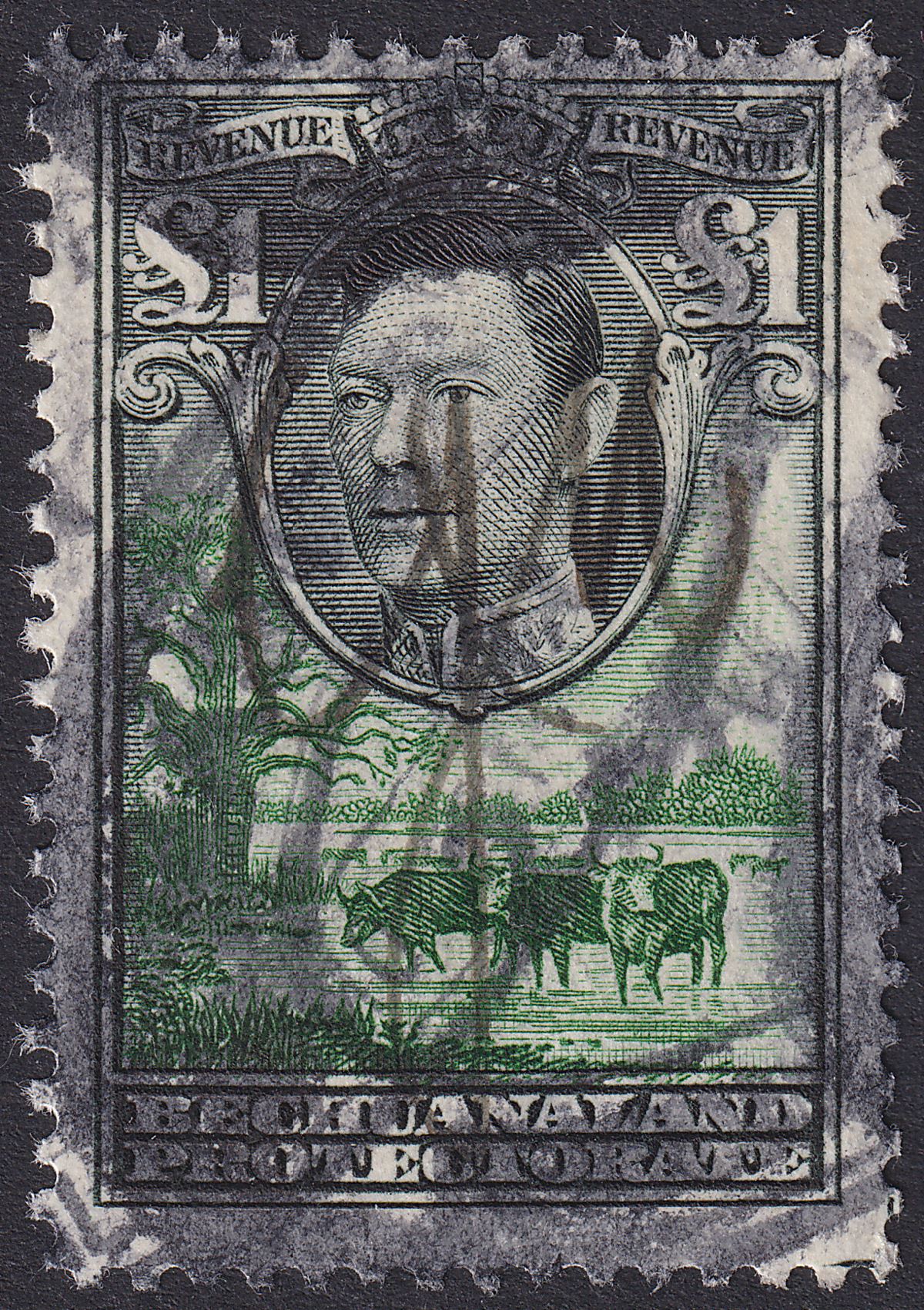 Bechuanaland Protectorate 1938 KGVI Revenue £1 Black + Green Used BF66