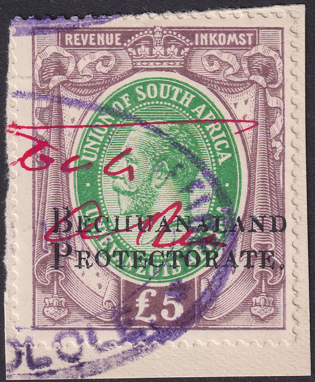 Bechuanaland Protectorate 1919 KGV £5 Overprint South Africa Revenue Used BF37