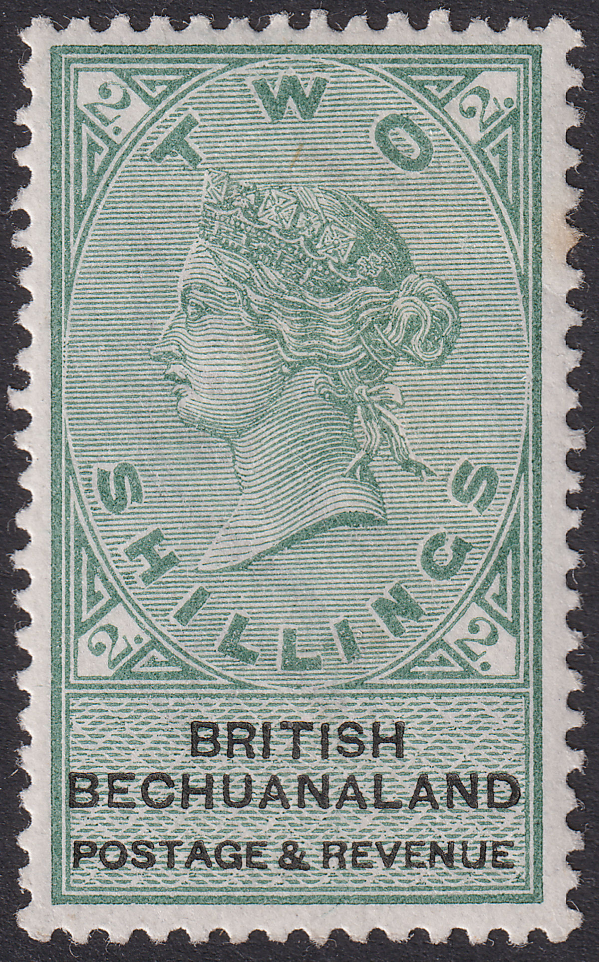 British Bechuanaland 1888 QV 2sh Green and Black Mint SG16 cat £70 TONE MARK