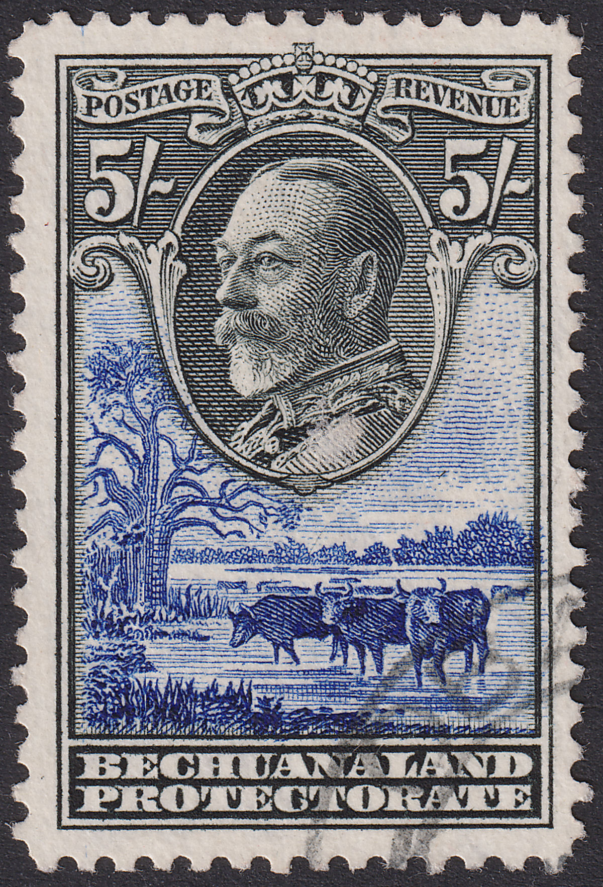 Bechuanaland Protectorate 1932 KGV 5sh Black and Ultramarine Used SG109 cat £140