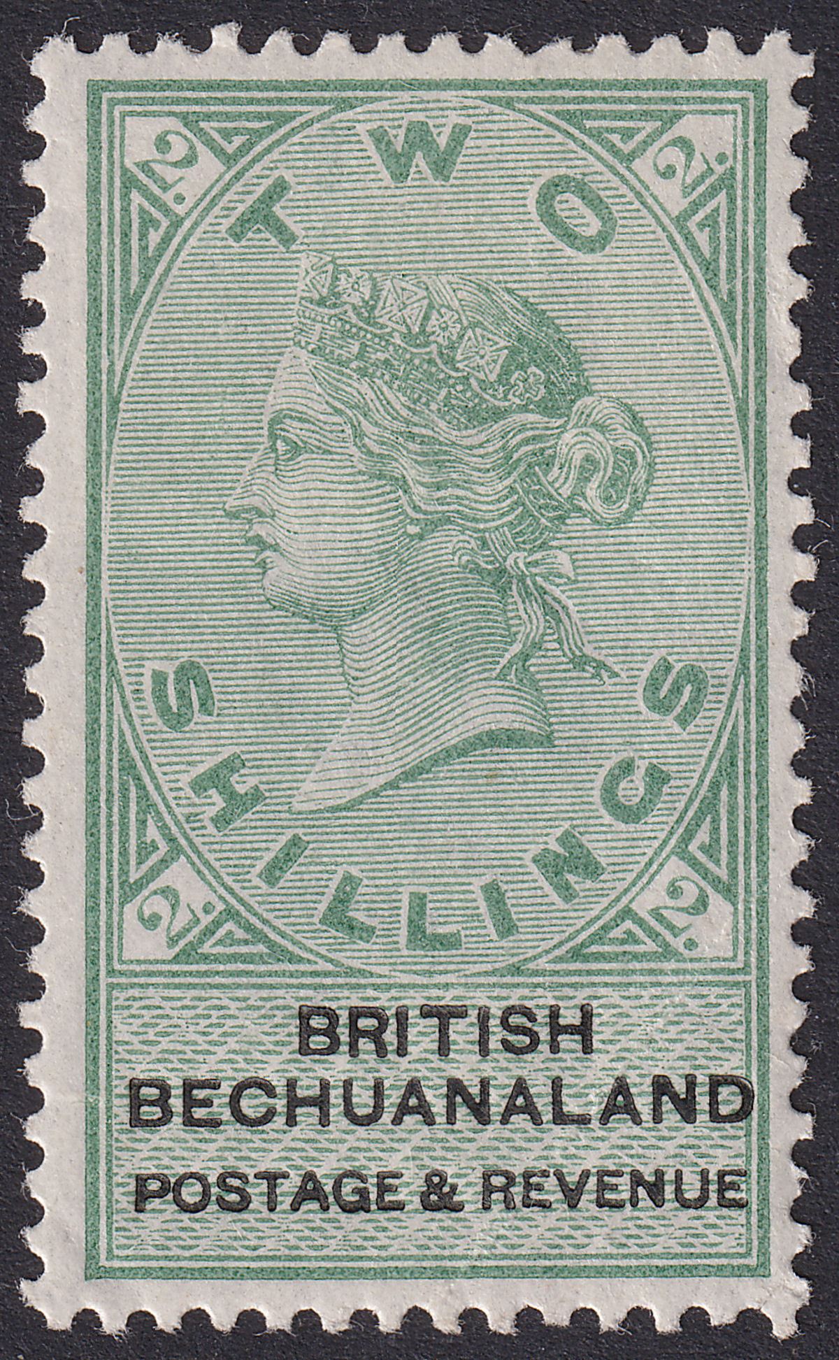 British Bechuanaland 1888 QV 2sh Green and Black Mint SG16 cat £70 crease