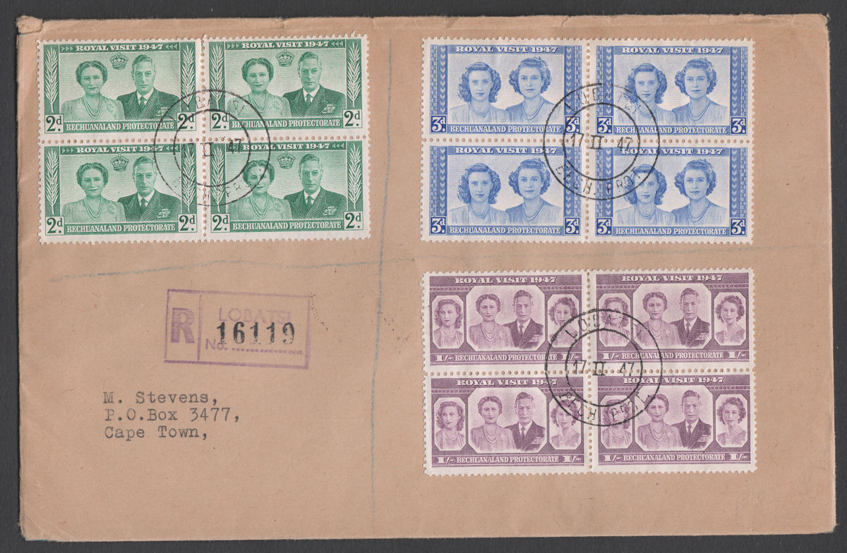 Bechuanaland 1947 QEII Royal Visit Block x4 Set Used Reg First Day Cover LOBATSI
