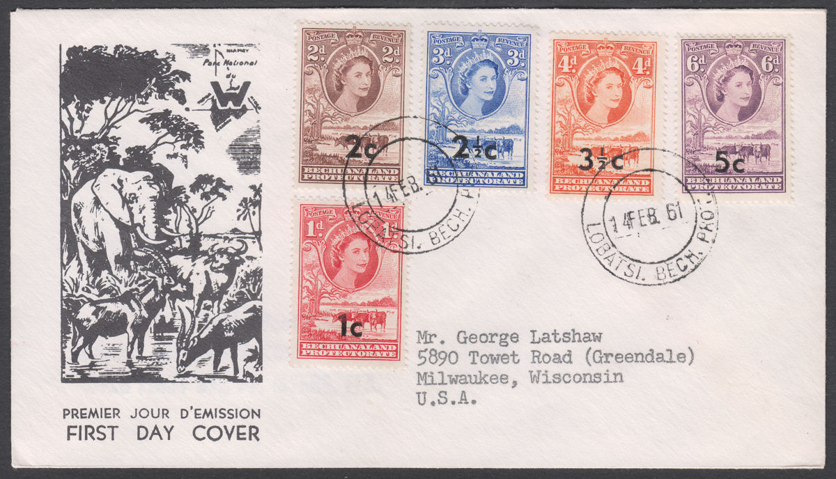 Bechuanaland 1961 QEII Surcharge Part Set Used on Deco First Day Cover LOBATSI