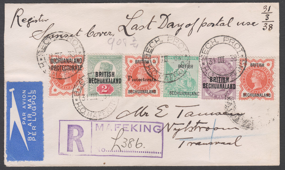 Bechuanaland 1938 QV Opt Selection Used Last Day Regd Airmail Cover MAFEKING