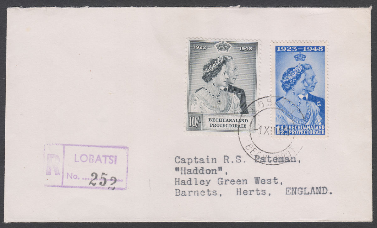 Bechuanaland 1948 KGVI Silver Wedding 10sh+1½d Used Regd First Day Cover LOBATSI