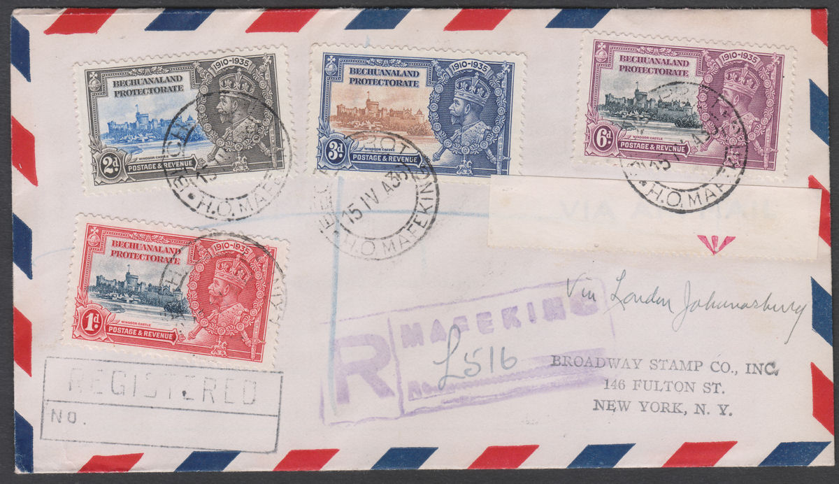 Bechuanaland 1936 KGV Silver Jubilee Set Used on Registered Cover H.O. MAFEKING