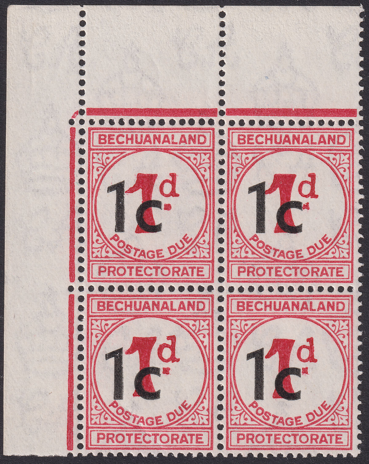 Bechuanaland Protectorate 1961 Postage Due 1c Surch Ord Block 4 Mint SG D7b c£92