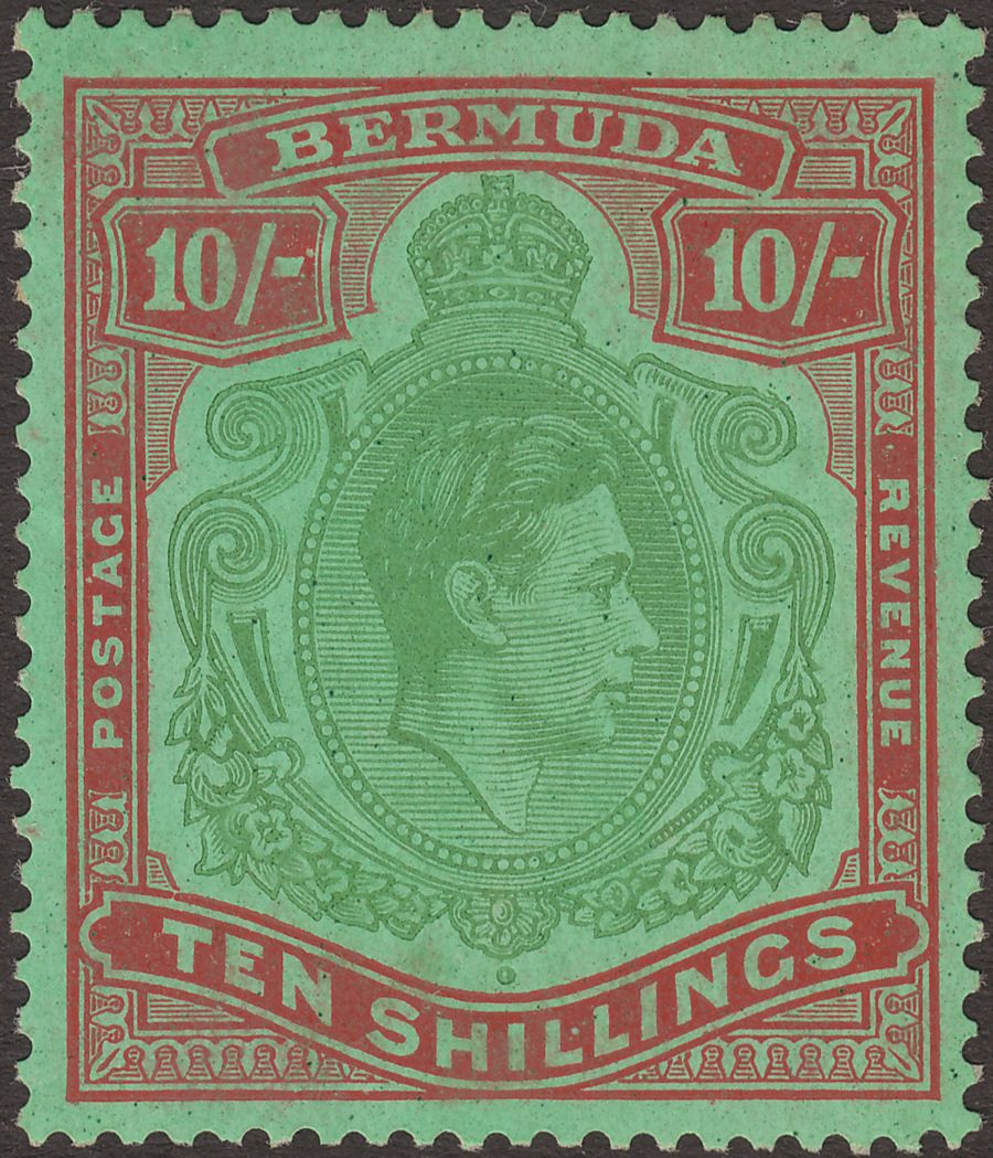 Bermuda 1943 KGVI 10sh Yellowish Green and Deep Red on Green p14 Mint SG119c