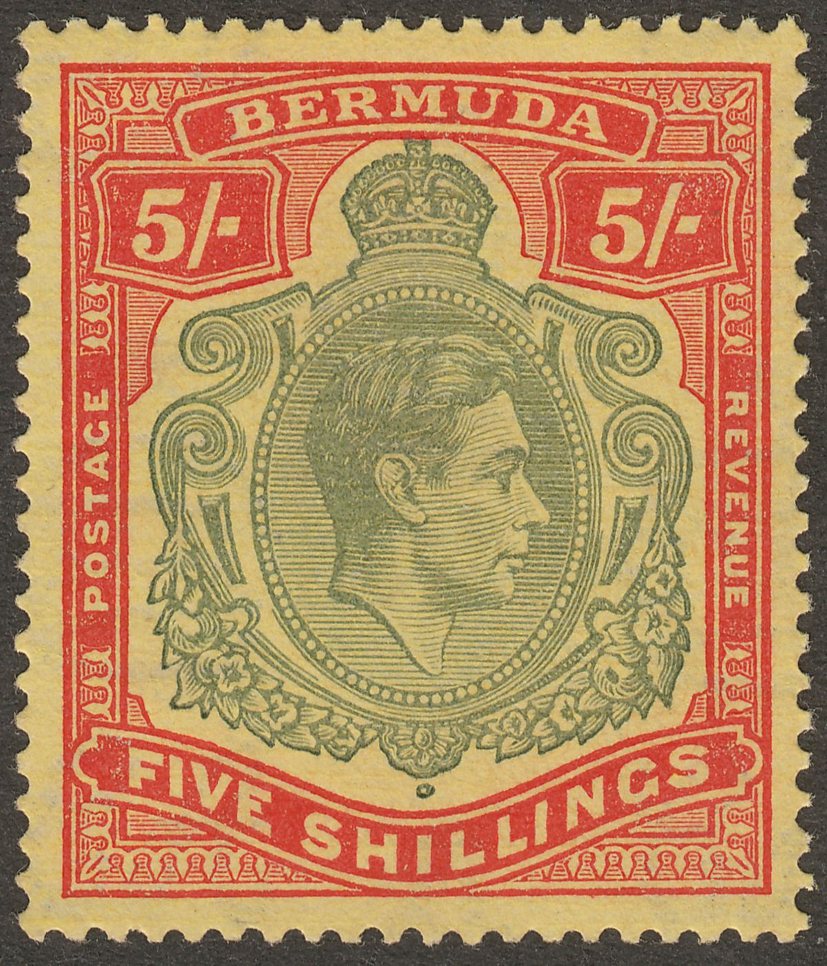 Bermuda 1941 KGVI 5sh Bronze-Green + Carmine-Red on Pale Yellow p14 Mint SG118c