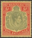 Bermuda 1941 KGVI 5sh Bronze-Green + Carmine-Red on Pale Yellow p14 Mint SG118c