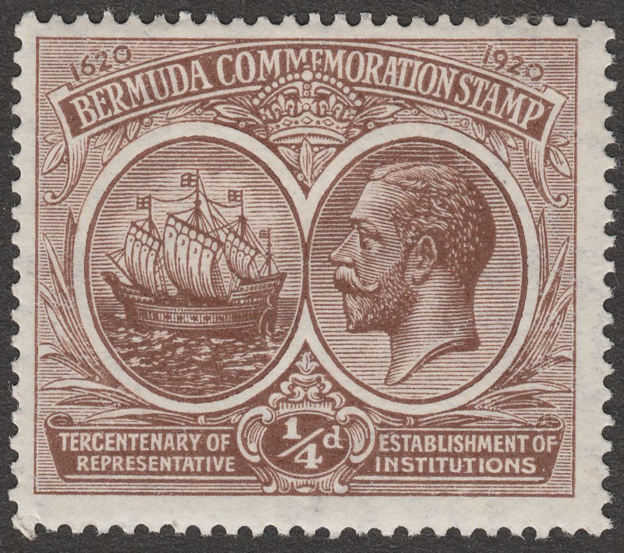 Bermuda 1920 KGV Tercentenary ¼d Brown wmk Crown to Right Mint SG59w