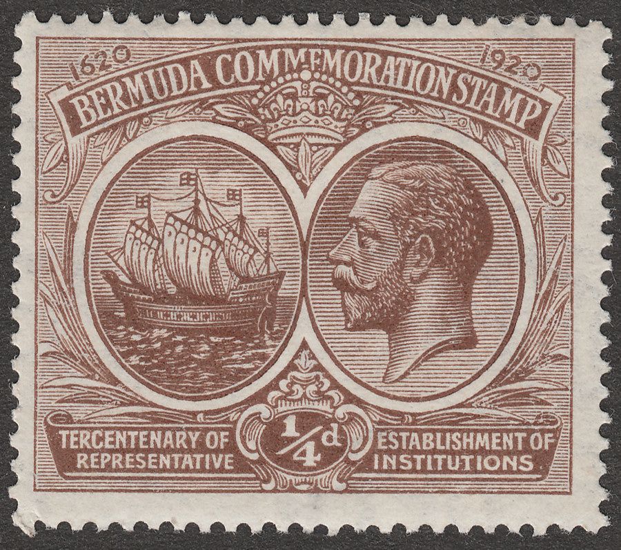 Bermuda 1920 KGV Tercentenary ¼d Brown wmk Crown to Right Mint SG59w