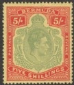 Bermuda 1943 KGVI 5sh Bluish-Green + Carmine-Red on Pale Yellow p14 Mint SG118d