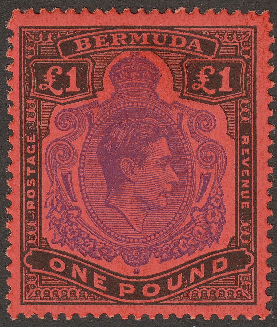 Bermuda 1952 KGVI £1 Bright Violet and Black on Scarlet p13 Mint SG121e