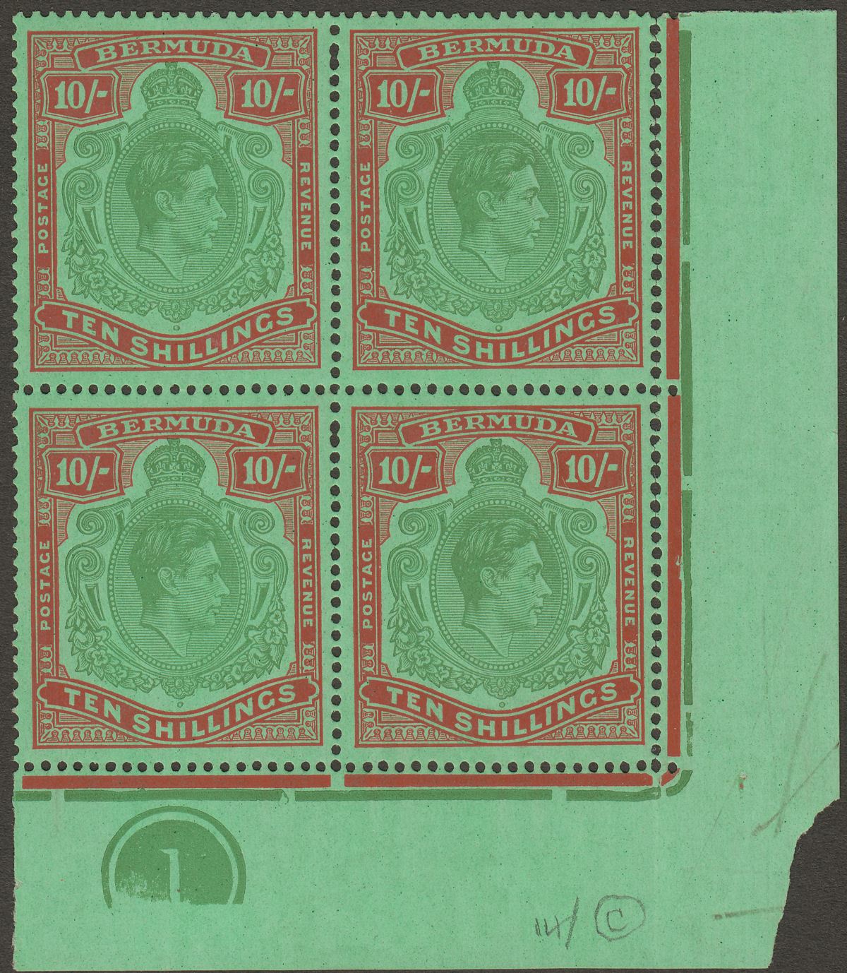 Bermuda 1944 KGVI 10sh Green and Red on Green Plate Corner Block p14 Mint SG119c