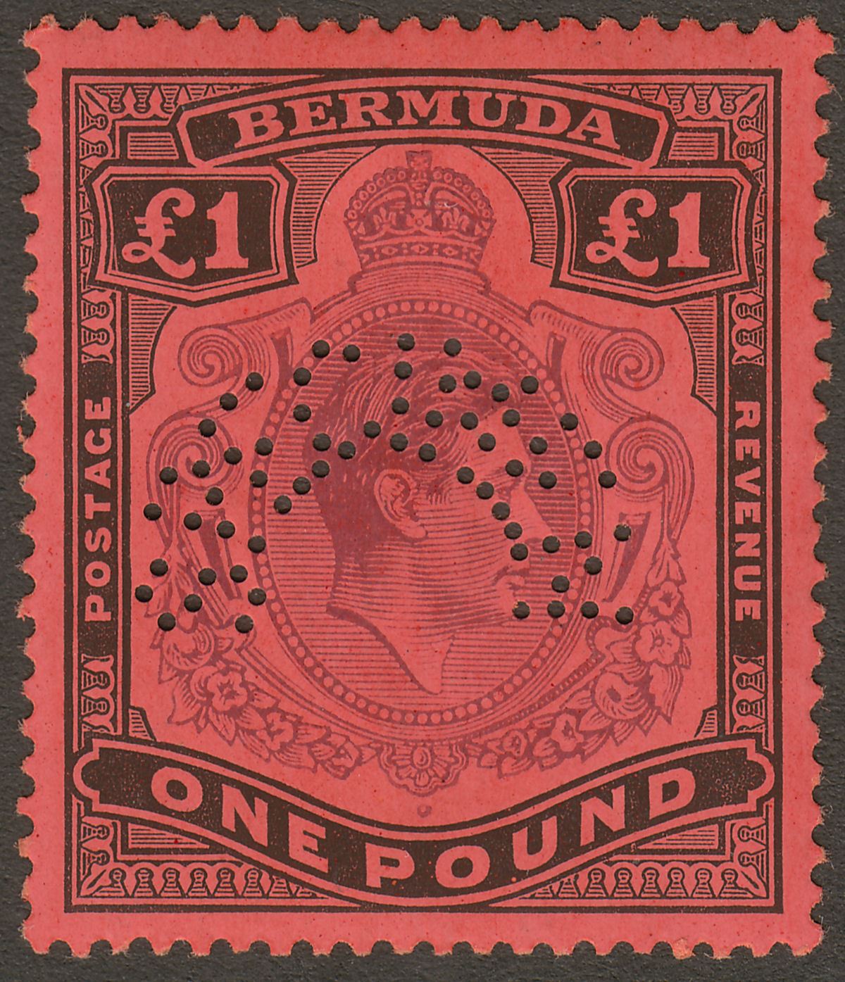 Bermuda 1937 KGVI £1 Purple and Black on Red p14 SPECIMEN SG121s