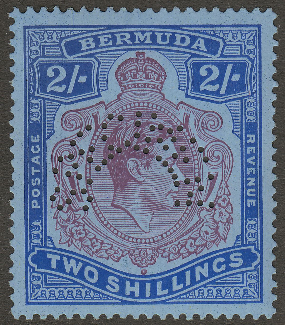 Bermuda 1937 KGVI 2sh Purple and Ultramarine on Grey-Blue p14 SPECIMEN SG116s