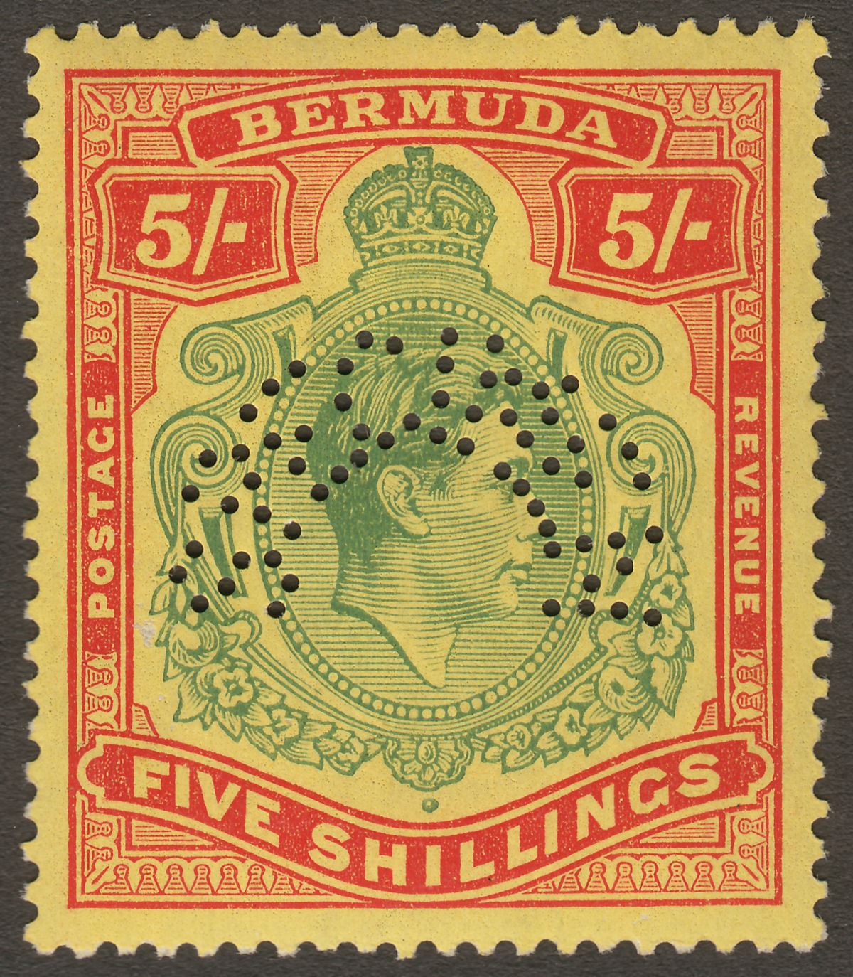 Bermuda 1937 KGVI 5sh Green and Red on Yellow p14 SPECIMEN SG118s