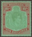 Click for more photos and details Bermuda 1943 KGVI 10sh Yl Grn + Red on Grn p14 Gash in Chin Variety Mint SG119cf