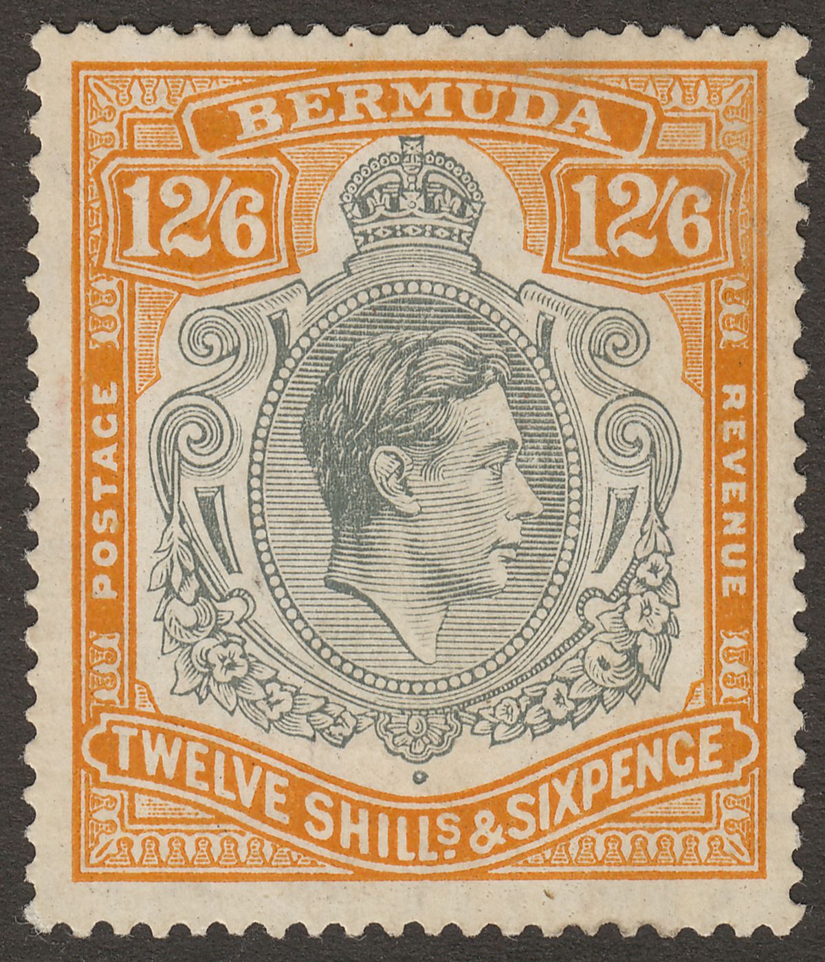 Bermuda 1938 KGVI 12sh6d Deep Grey and Brownish Orange p14 Mint SG120