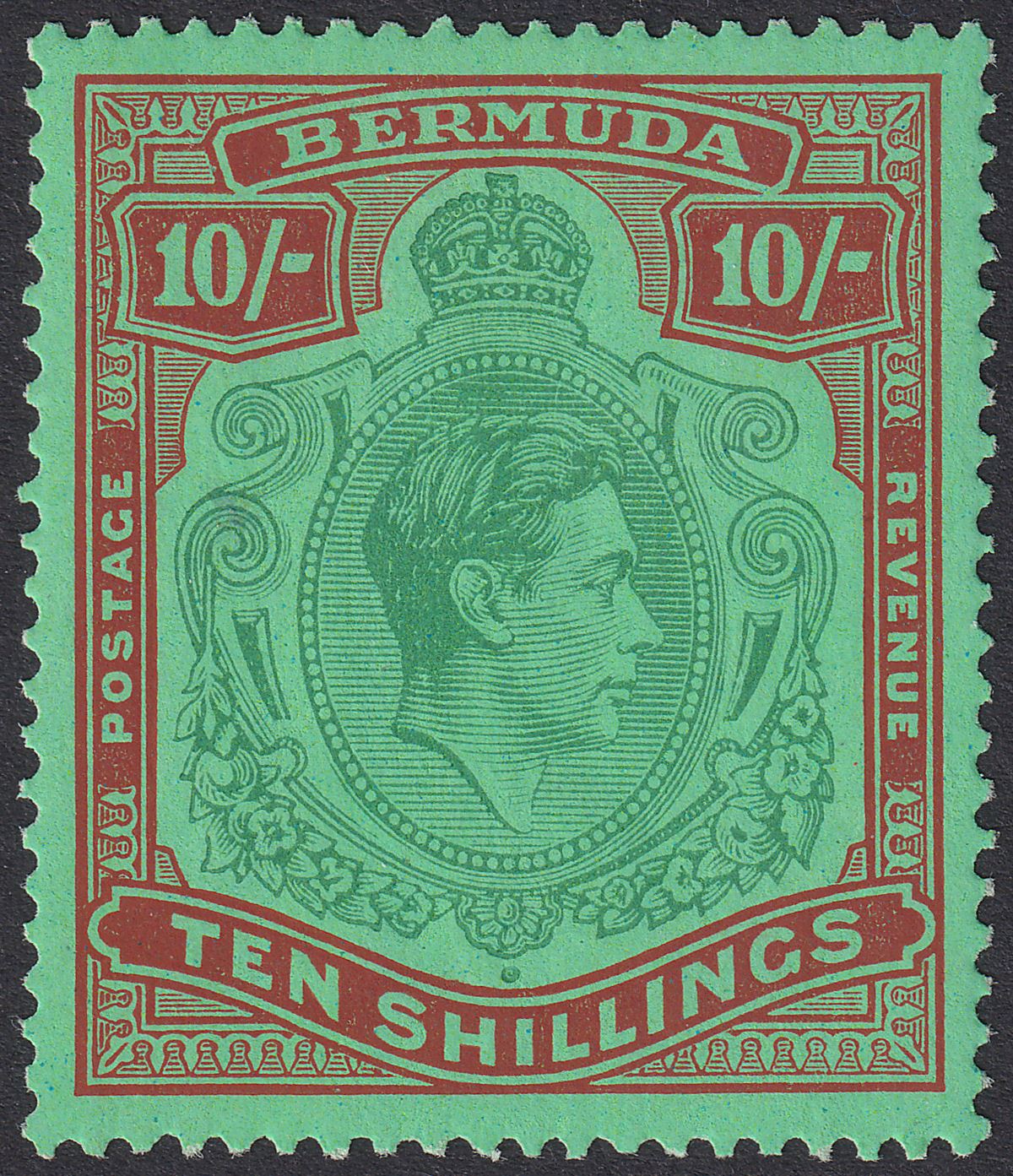 Bermuda 1938 KGVI 10sh Green and Deep Lake on Pale Emerald p14 Mint SG119
