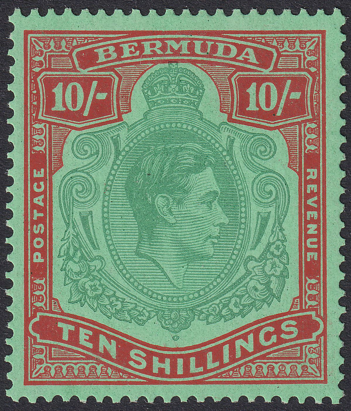 Bermuda 1939 KGVI 10sh Bluish Green and Deep Red on Green p14 Mint SG119a