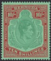 Click for more photos and details Bermuda 1939 KGVI 10sh Bluish Green and Deep Red on Green p14 Mint SG119a