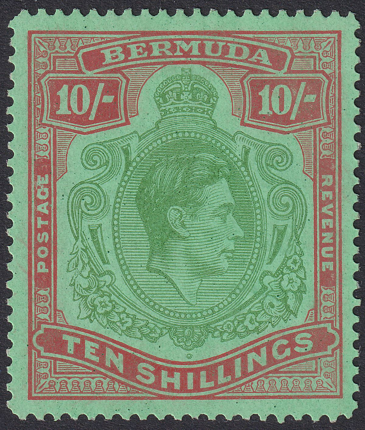 Bermuda 1942 KGVI 10sh Yellow Green and Carmine on Green p14¼ Mint SG119b