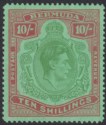 Click for more photos and details Bermuda 1942 KGVI 10sh Yellow Green and Carmine on Green p14¼ Mint SG119b