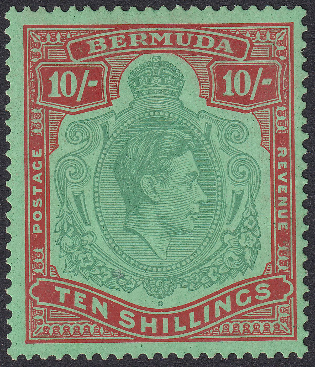 Bermuda 1939 KGVI 10sh Bluish Green and Deep Red on Green p14 Mint SG119a