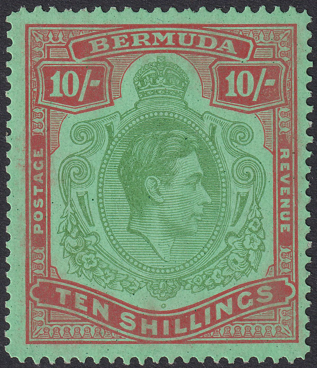 Bermuda 1942 KGVI 10sh Yellow Green and Carmine on Green p14¼ Mint SG119b