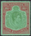 Click for more photos and details Bermuda 1942 KGVI 10sh Yellow Green and Carmine on Green p14¼ Mint SG119b