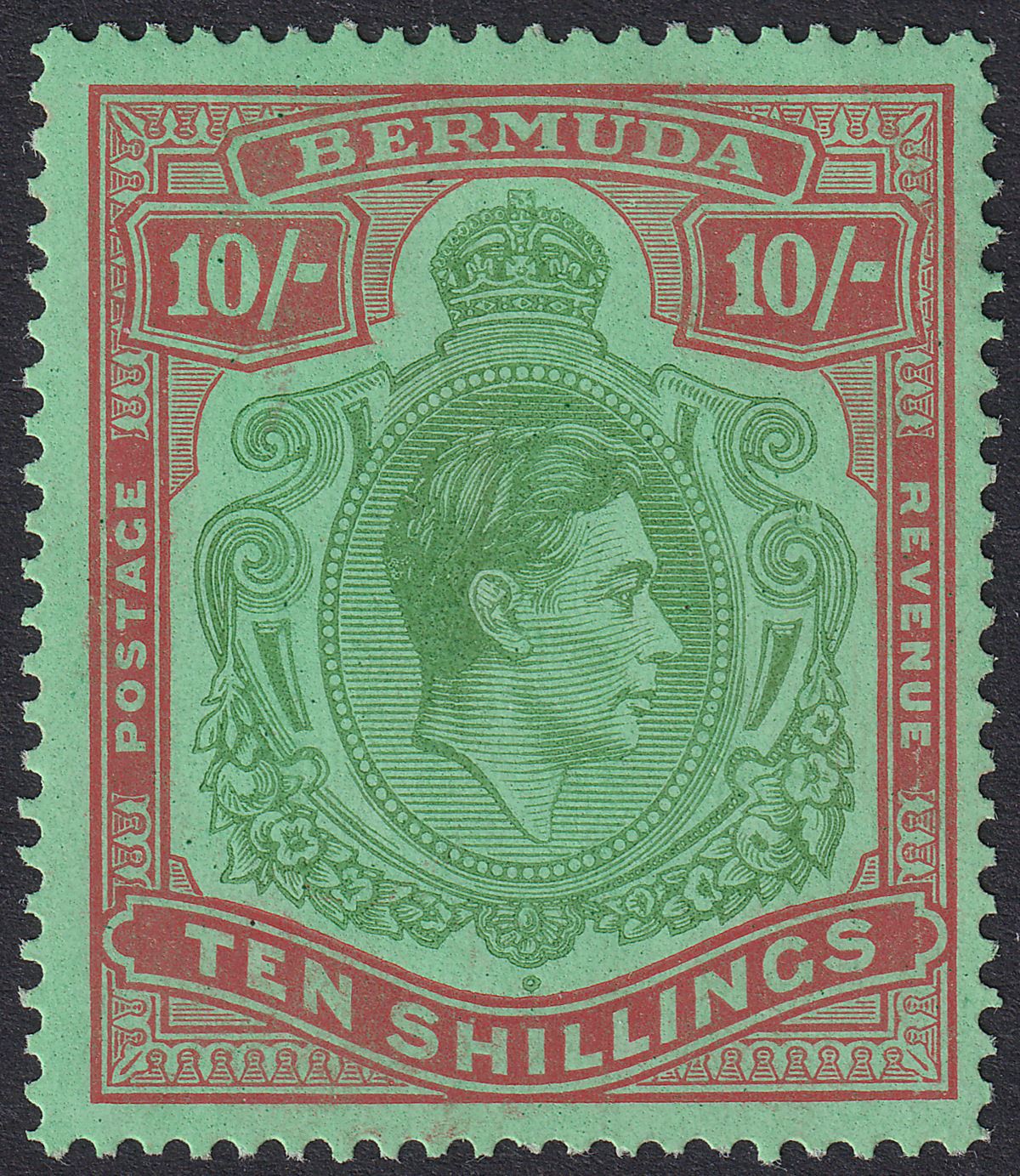 Bermuda 1942 KGVI 10sh Line p14¼ Variety Broken Lower Right Scroll Mint SG119be