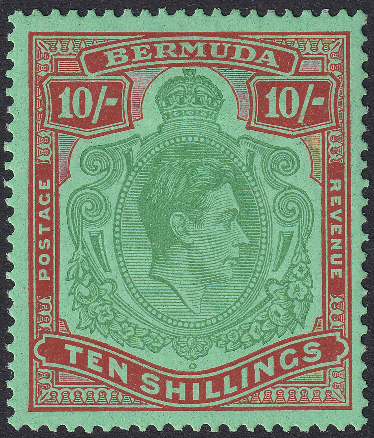 Bermuda 1944 KGVI 10sh Dull Green and Brown Red on Green p14 Mint SG119c