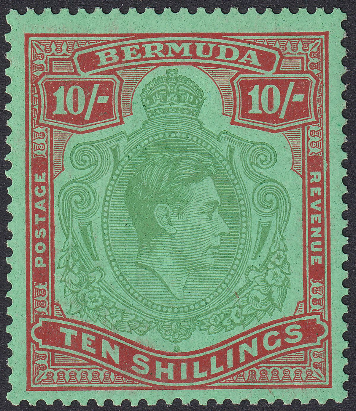 Bermuda 1944 KGVI 10sh Dull Green and Brown Red on Green p14 Mint SG119c